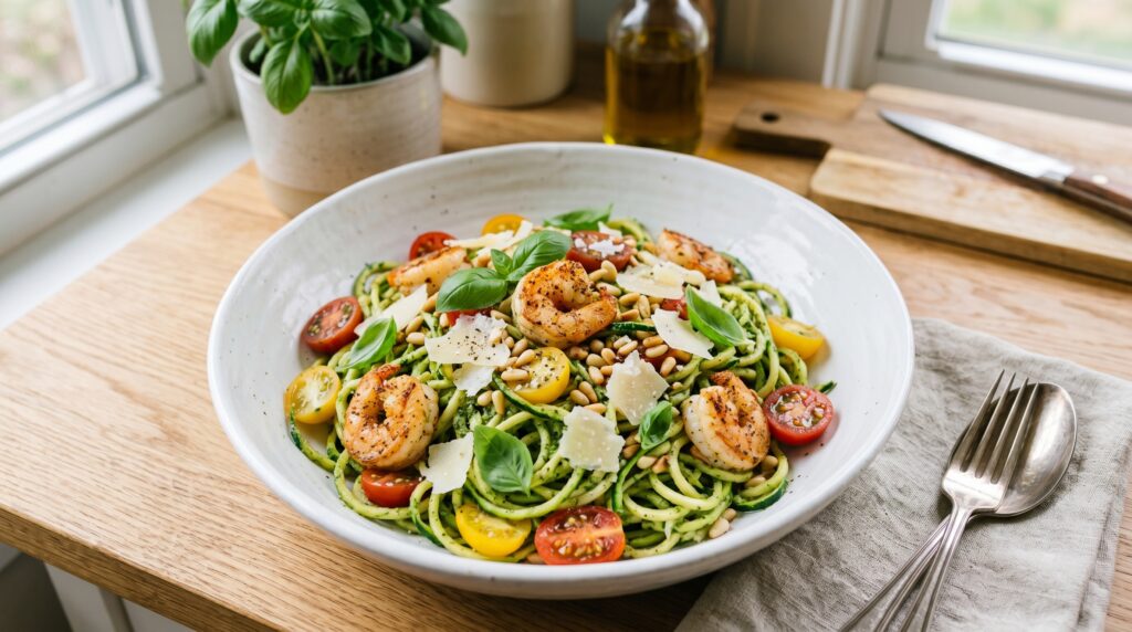 Zucchini Noodles with Pesto and Shrimp