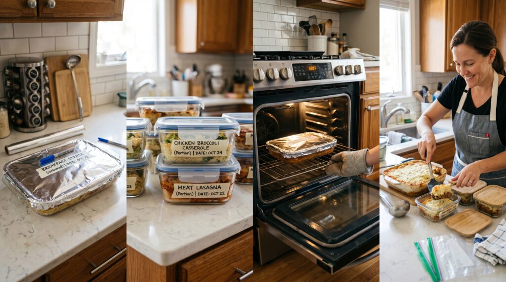 An organized kitchen counter showing the casserole make-ahead and storage approach