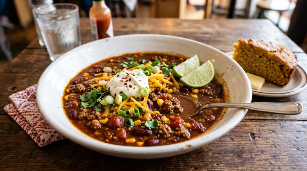A hearty, deeply colored classic beef chili in a wide white bowl