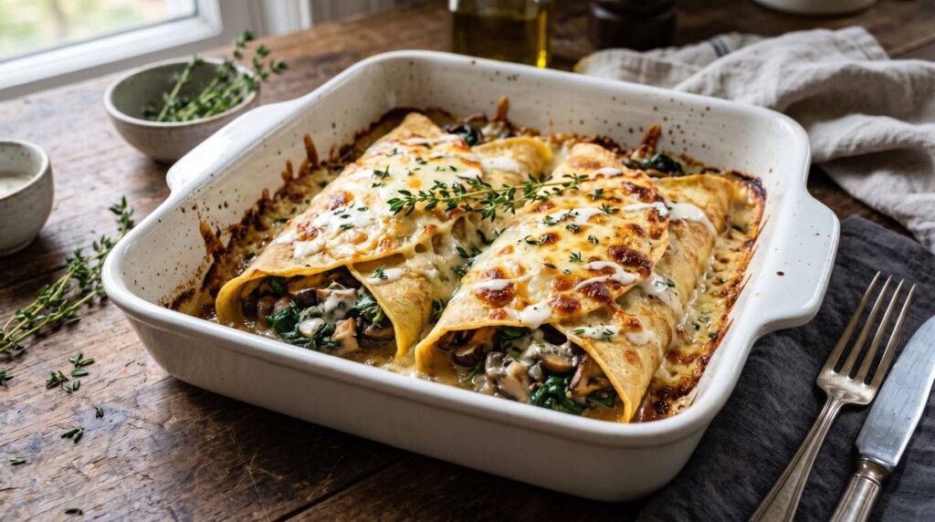 Mushroom, Spinach, and Gruyère Crepes