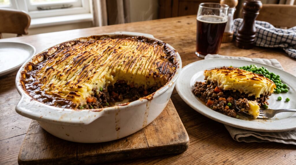 A classic cottage pie in a deep white ceramic baking dish