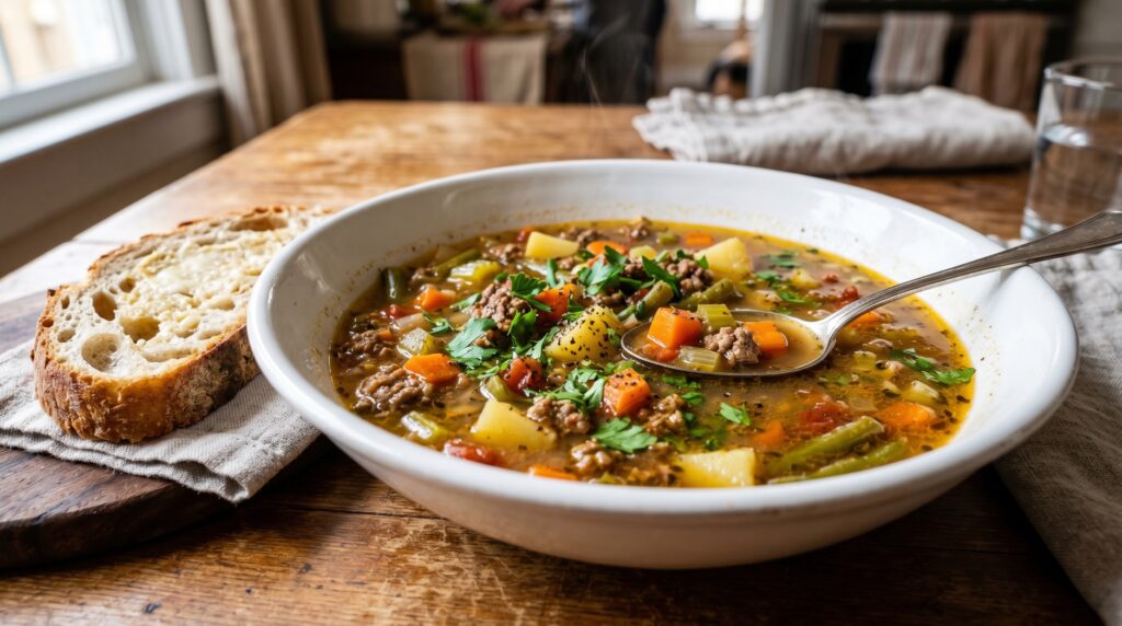 A hearty, deeply nourishing ground beef and vegetable soup in a wide white bowl