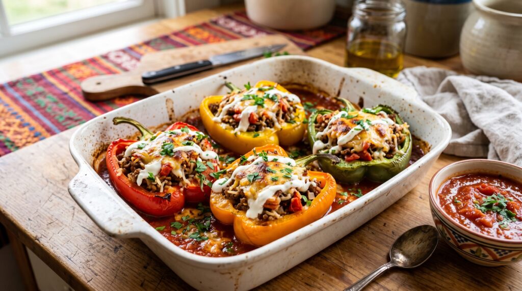 Four vibrant stuffed bell peppers in a white baking dish