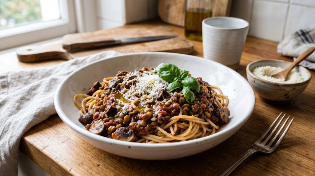 Slow Cooker Mushroom and Lentil Bolognese