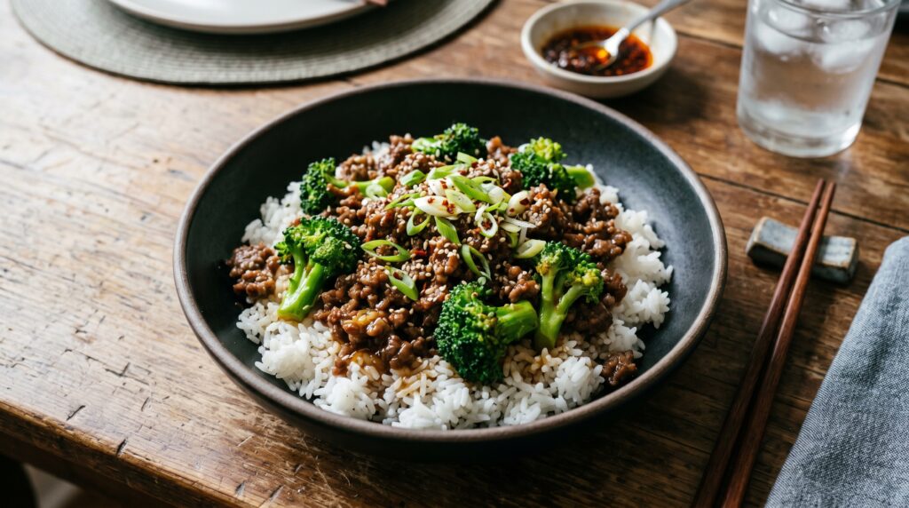 A bold, satisfying ground beef and broccoli in a wide dark bowl over jasmine rice