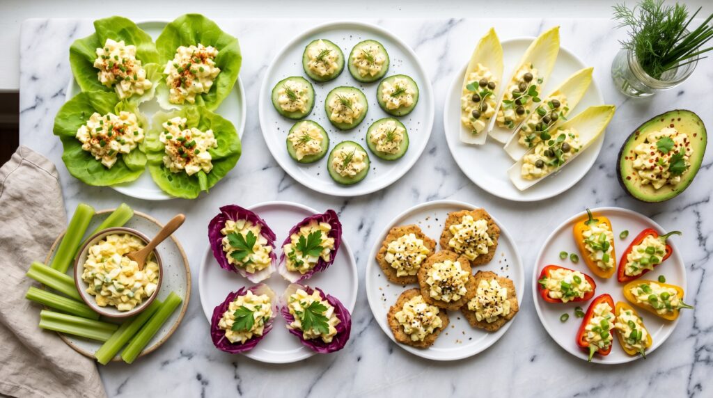A beautifully arranged serving guide flat-lay on a white marble surface showing eight different low-carb egg salad serving vessels