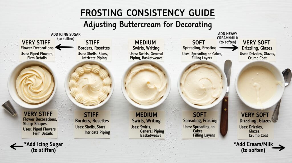 A practical consistency guide flat-lay showing five small bowls of the same frosting at different consistencies