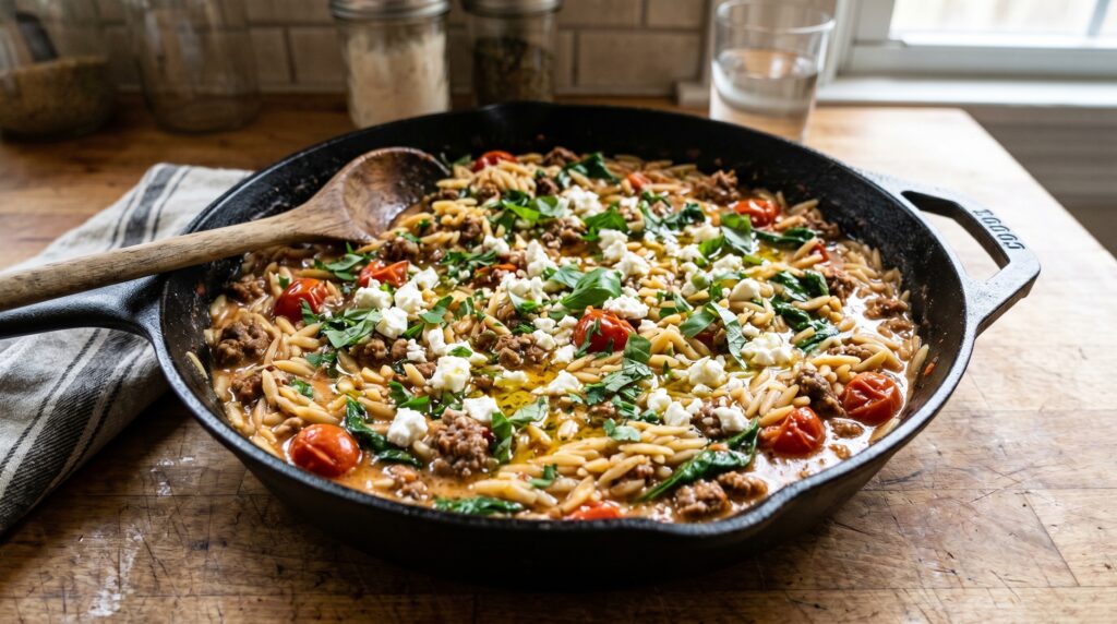 A vibrant, colorful one-pan ground beef and orzo in a wide cast iron skillet