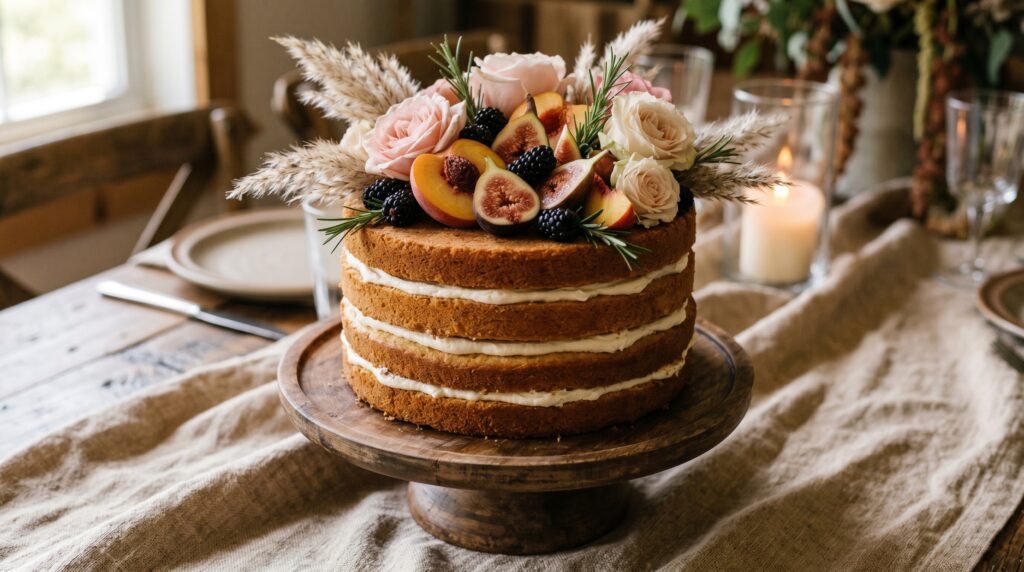 Naked Cake with Seasonal Flowers and Fruit