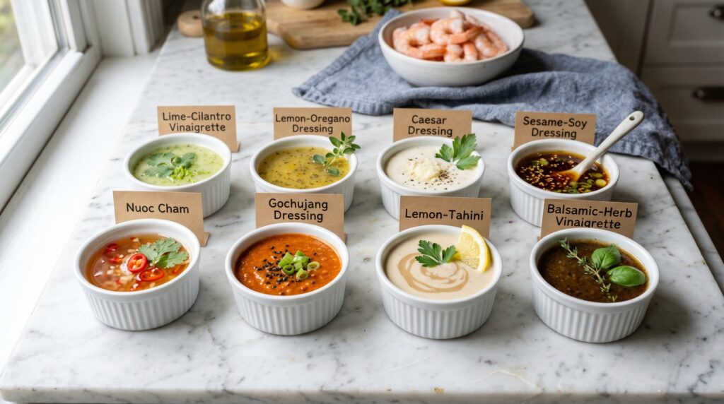  Eight small white ceramic ramekins arranged on a white marble surface, each containing a different shrimp salad dressing
