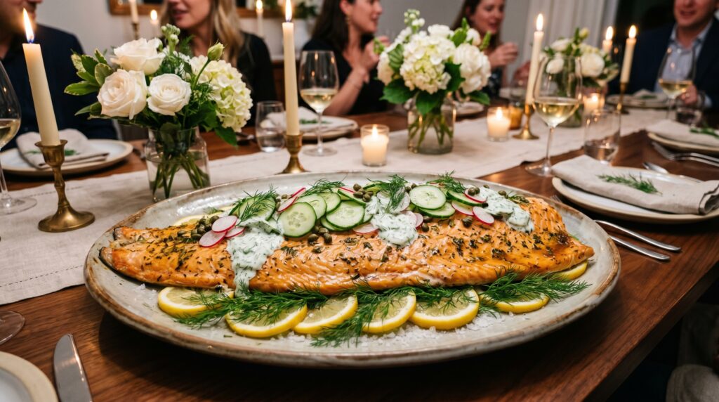 Whole Baked Side of Salmon with Cucumber Dressing