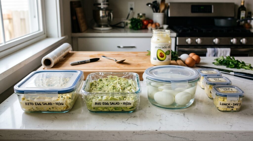 An organized kitchen surface showing keto egg salad storage options