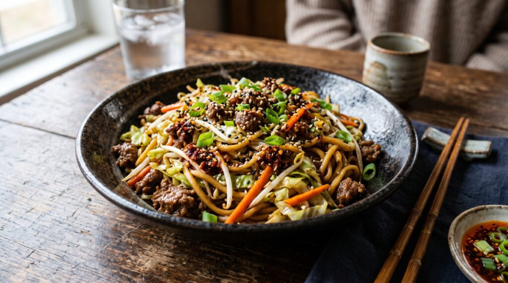 A bold, vibrant ground beef noodle stir fry in a wide dark bowl