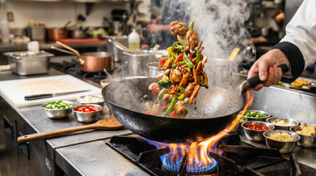 A dramatic action shot of a carbon steel wok over a high gas flame with chicken and vegetables being tossed mid-air