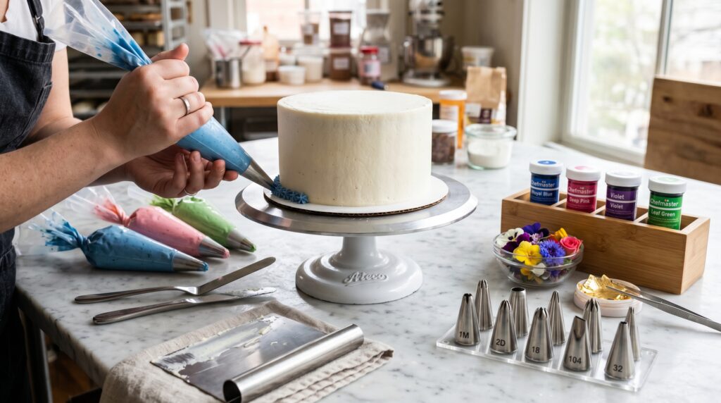 A professional baker's workstation showing the essential elements of great cake decorating