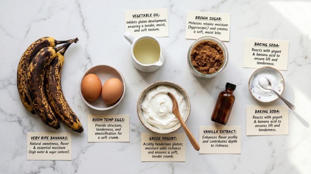 A clean, organized flat-lay on a white marble surface showing the key ingredients that contribute to moist banana bread