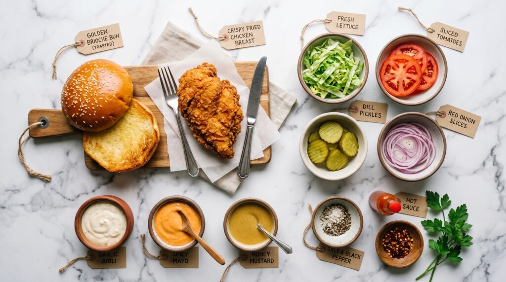 A beautiful deconstructed chicken sandwich flat-lay on a white marble surface