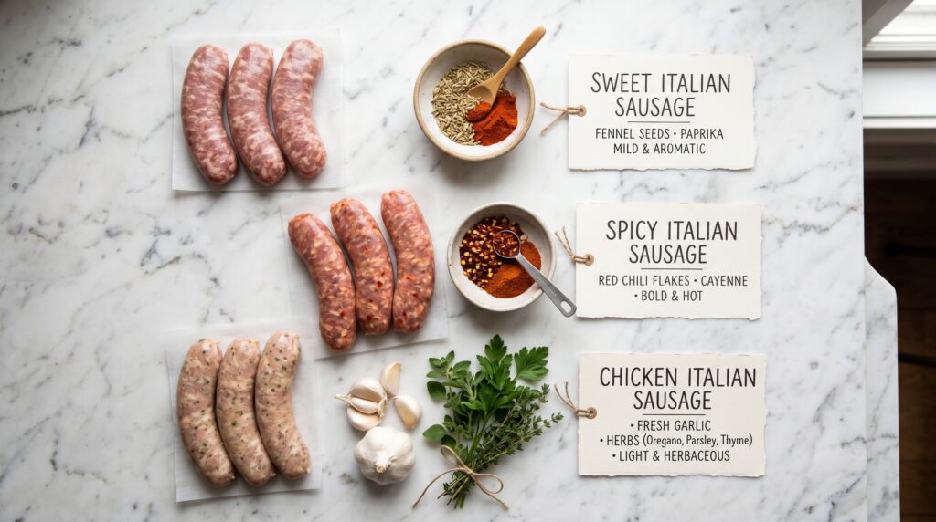 A beautifully organized flat-lay on a white marble surface showing different Italian sausage varieties and their key spice components