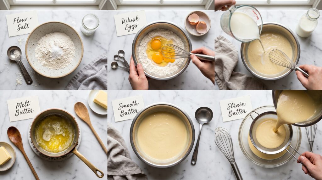 A beautifully organized step-by-step flat-lay on a white marble surface showing the stages of making perfect crepe batter