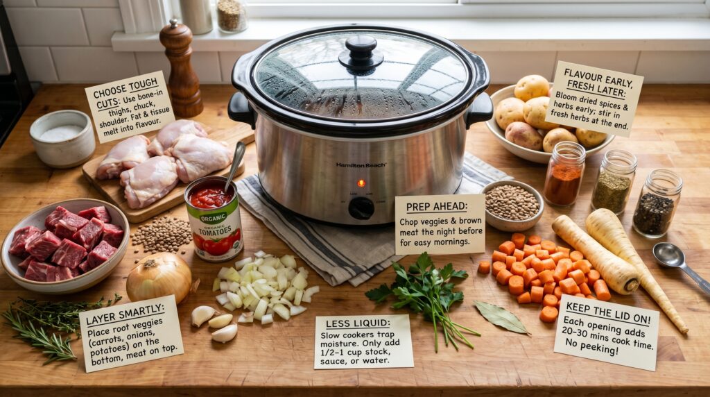 A clean, organized flat-lay showing slow cooker best practices