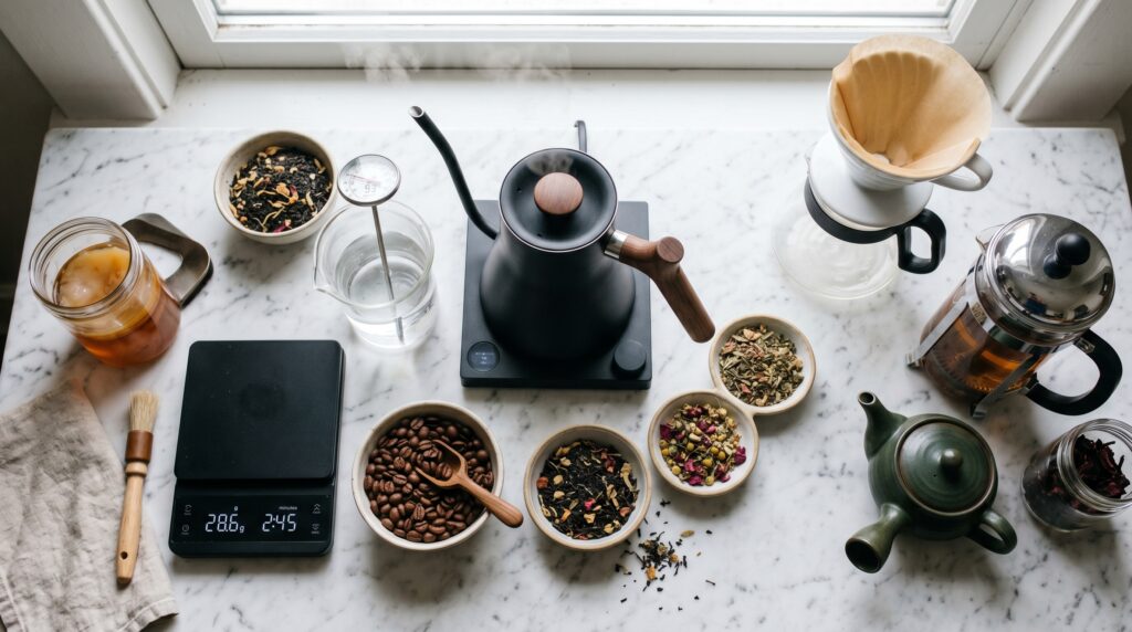 A clean, organized flat-lay on a white marble surface showing the essential elements of great brewing