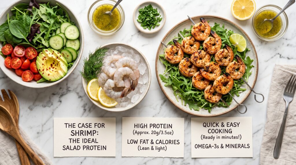 A clean, organized flat-lay on a white marble surface showing the nutritional case for shrimp as a salad protein