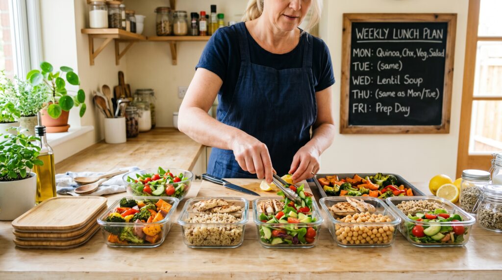 A clean, organized lunch prep scene showing several meal prep containers being filled with colorful, nutritious lunch components
