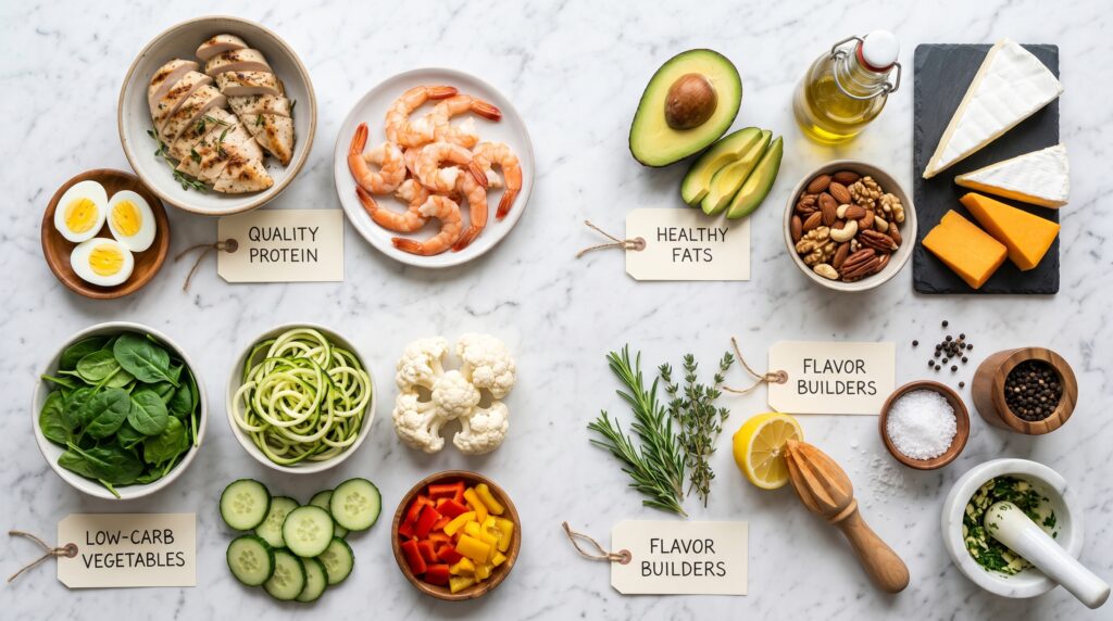 A clean, organized flat-lay on a white marble surface showing the building blocks of a perfect keto lunch