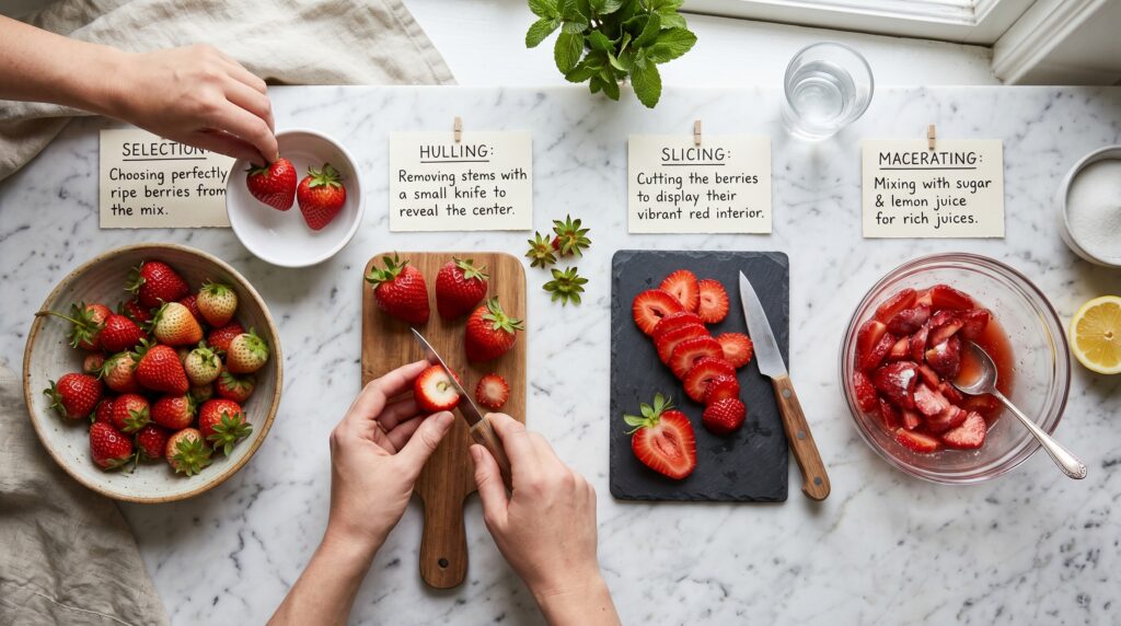 A beautiful flat-lay on a white marble surface showing the key stages of strawberry preparation for desserts