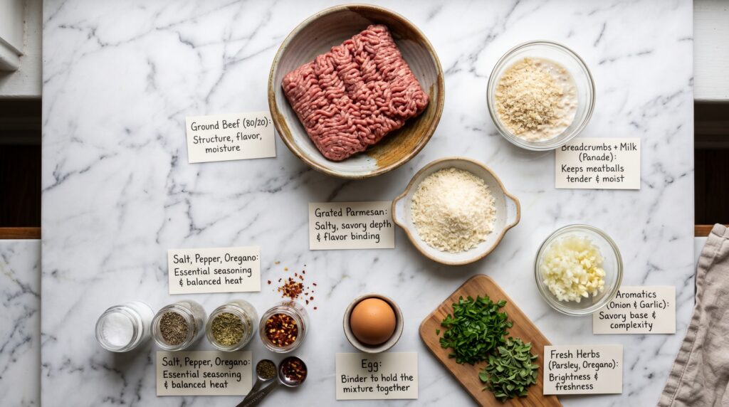 A clean, organized flat-lay on a white marble surface showing the key components of a perfect meatball