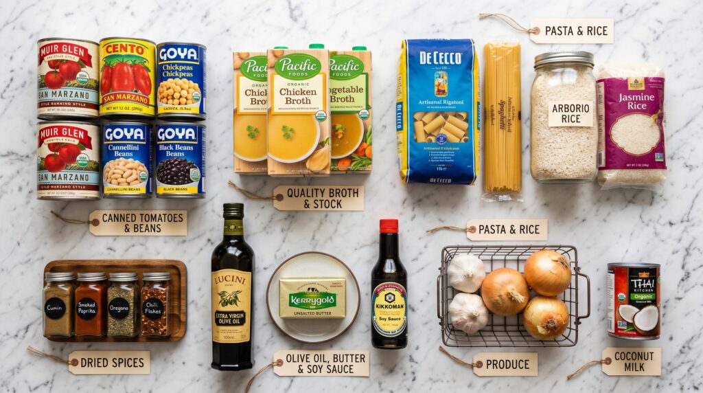 A clean, organized flat-lay on a white marble surface showing the essential weeknight comfort food pantry