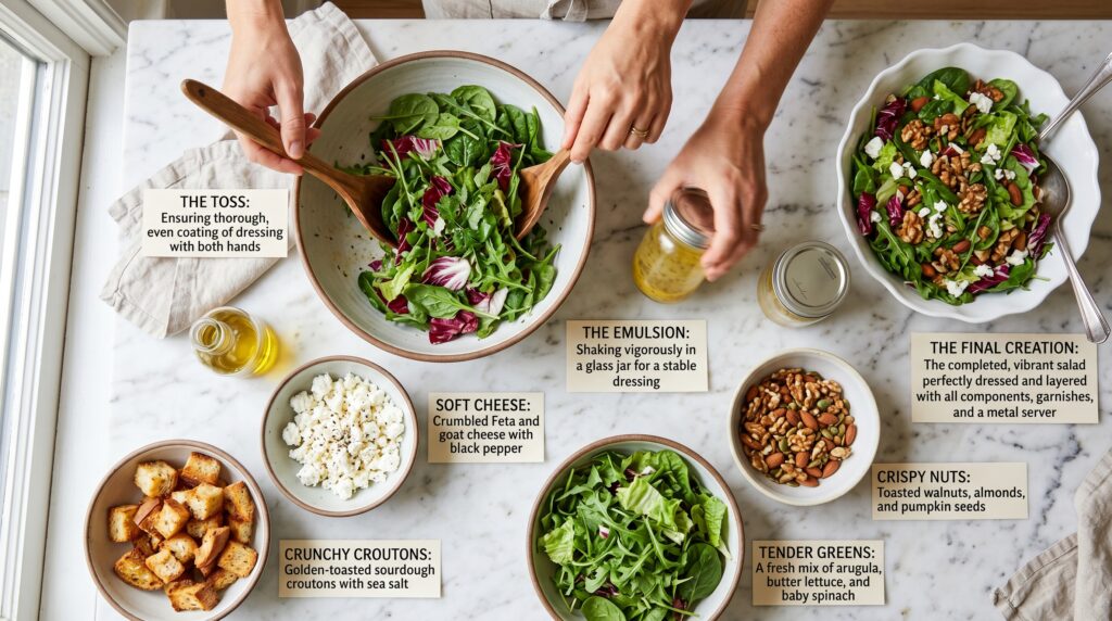 A beautiful technique flat-lay on a white marble surface showing the key elements of salad craft