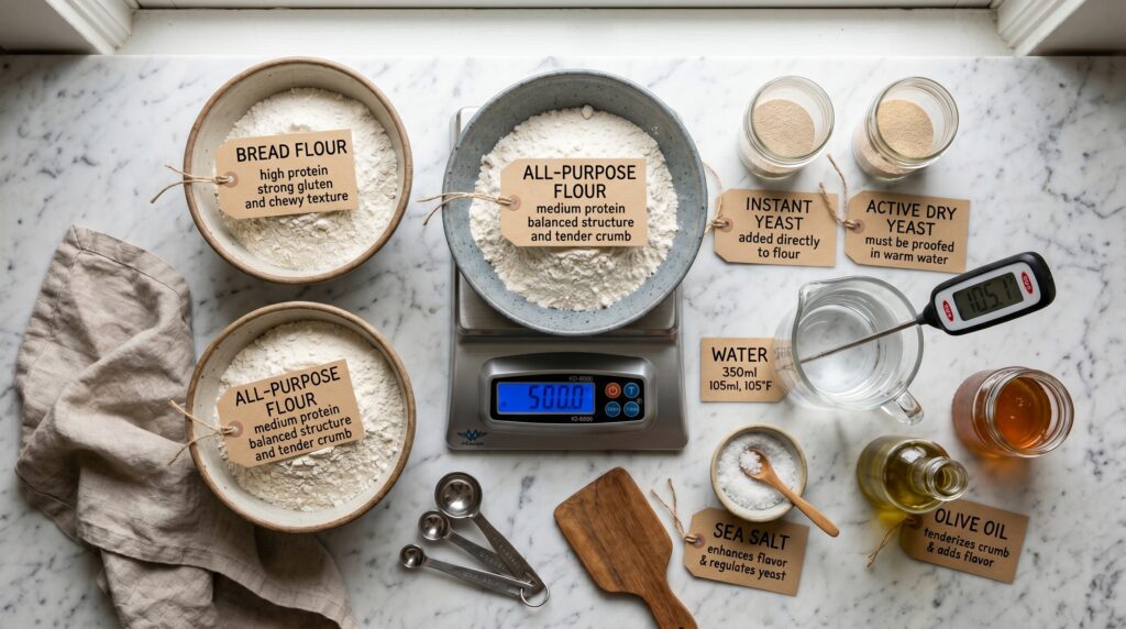 A beautifully organized flat-lay on a white marble surface showing the essential bread baking fundamentals