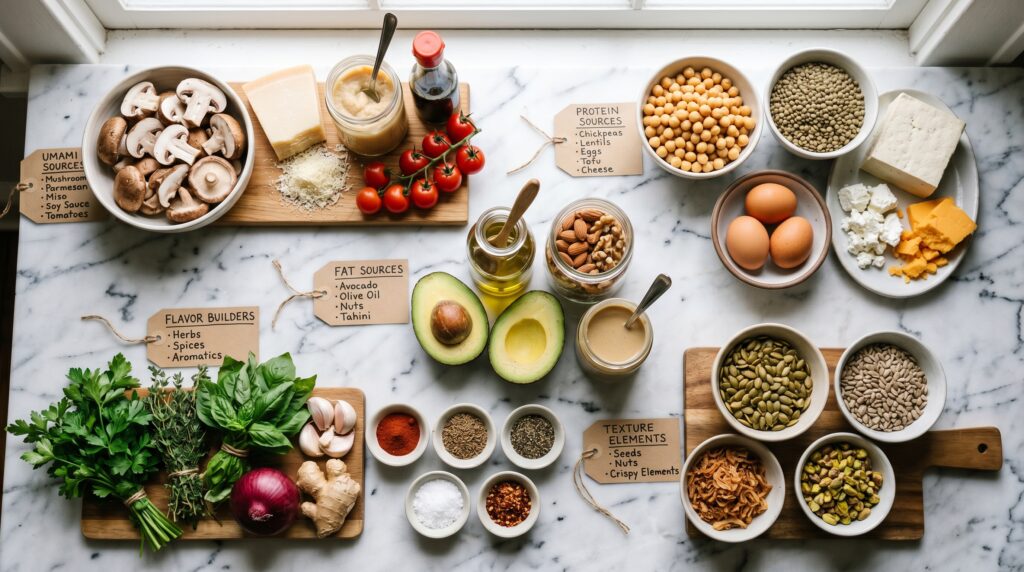A clean, organized flat-lay on a white marble surface showing the building blocks of satisfying vegetarian cooking
