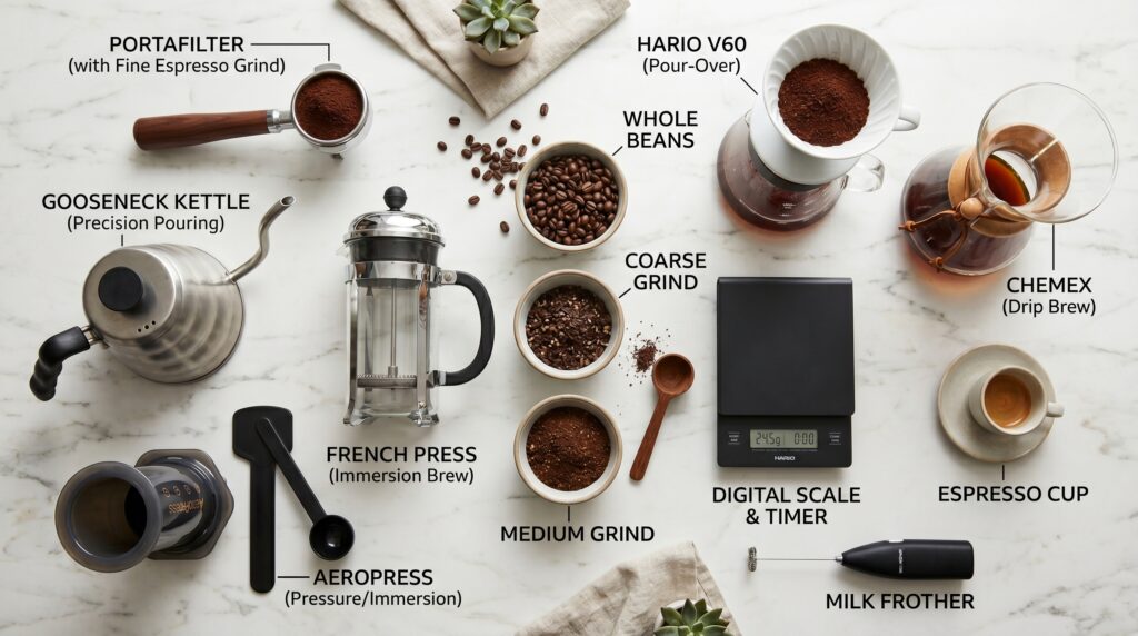 A beautiful, educational flat-lay on a white marble surface showing the essential coffee brewing elements