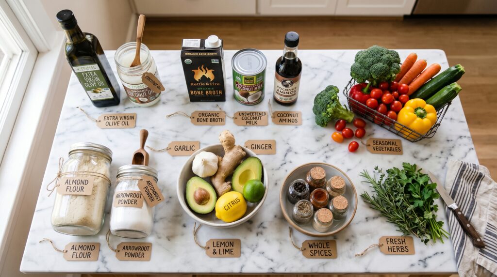 A clean, organized flat-lay on a white marble surface showing the essential paleo chicken cooking pantry