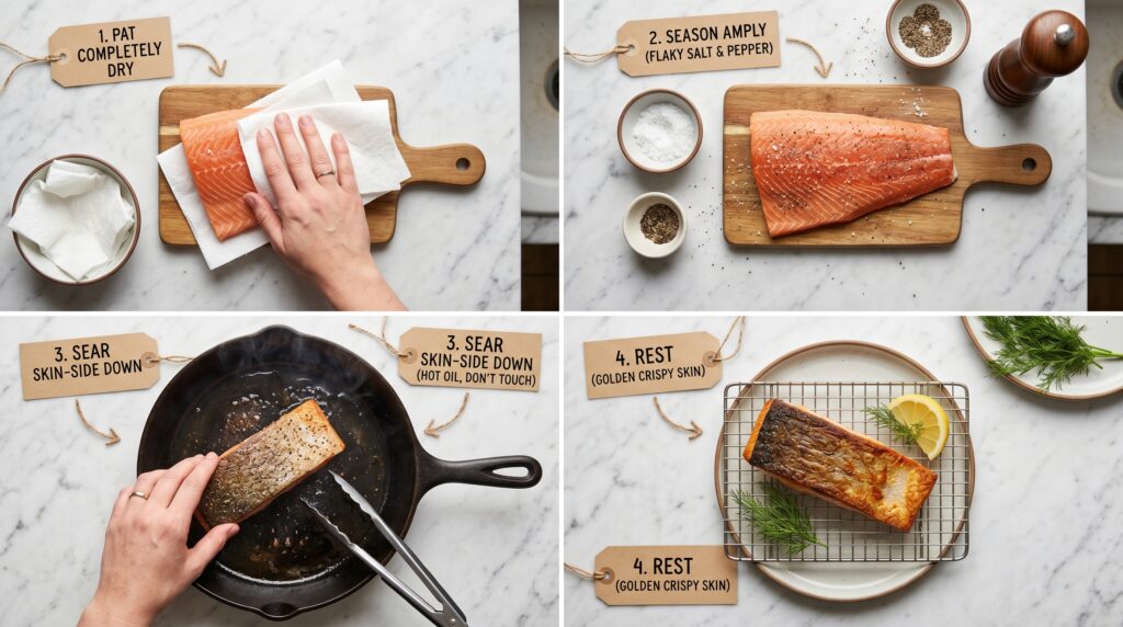 A beautifully organized step-by-step flat-lay on a white marble surface showing the key stages of cooking perfect salmon