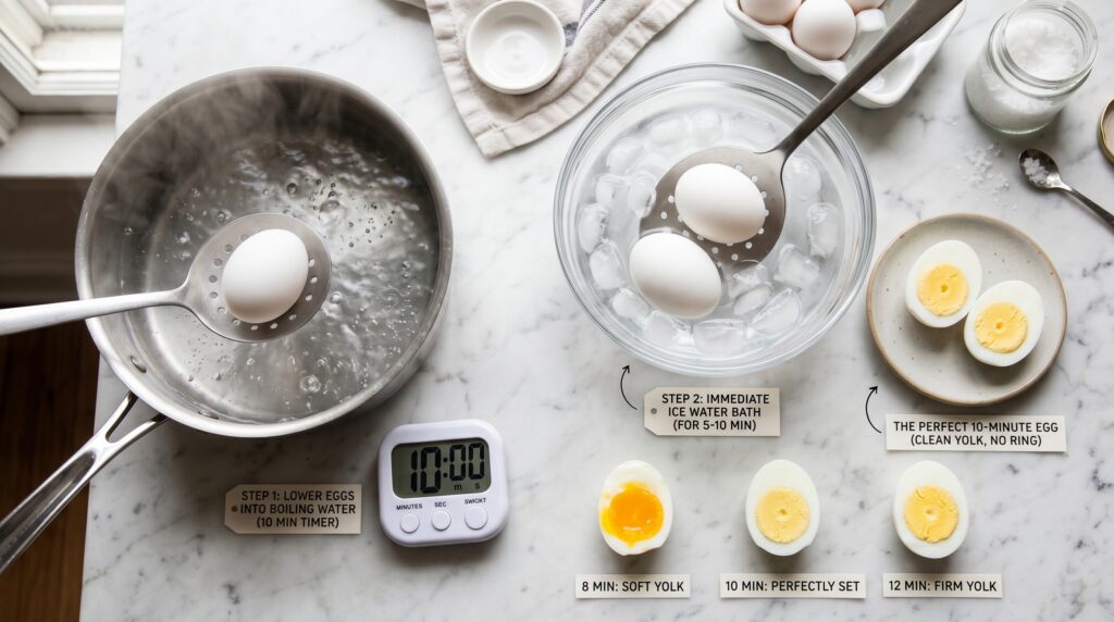 A clean, organized flat-lay on a white marble surface showing the stages of perfect hard-boiled egg preparation
