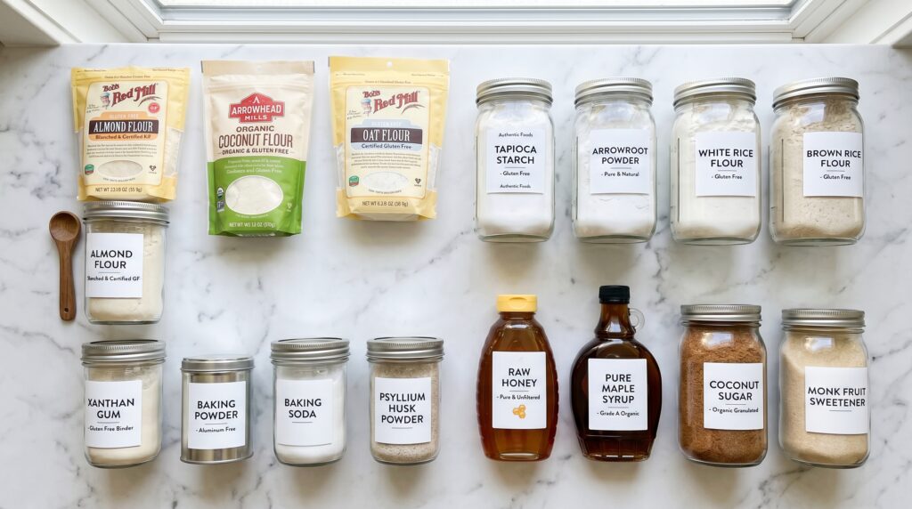 A clean, organized flat-lay of the most important gluten-free baking ingredients on a white marble surface
