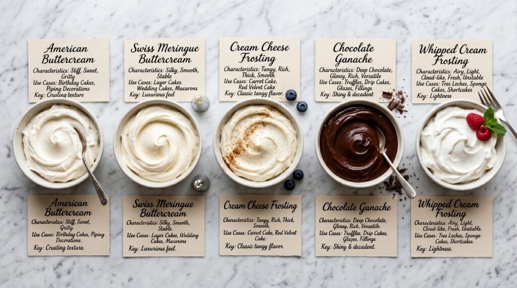 A beautiful educational flat-lay on a white marble surface showing the five major frosting categories represented by a small bowl of each