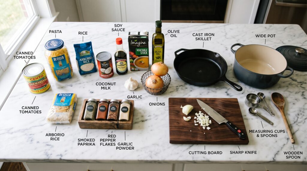 A clean, organized flat-lay on a white marble surface showing the essential weeknight dinner pantry and equipment