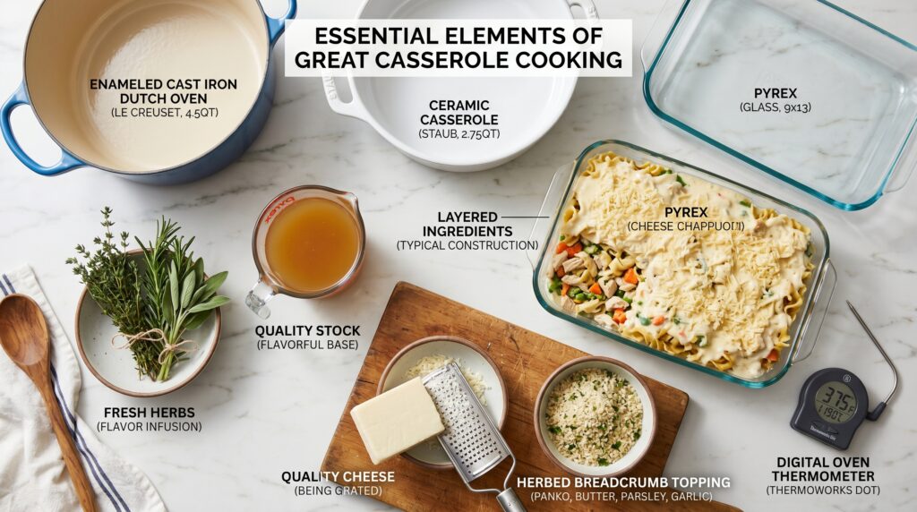 A beautifully organized flat-lay on a white marble surface showing the essential elements of great casserole cooking