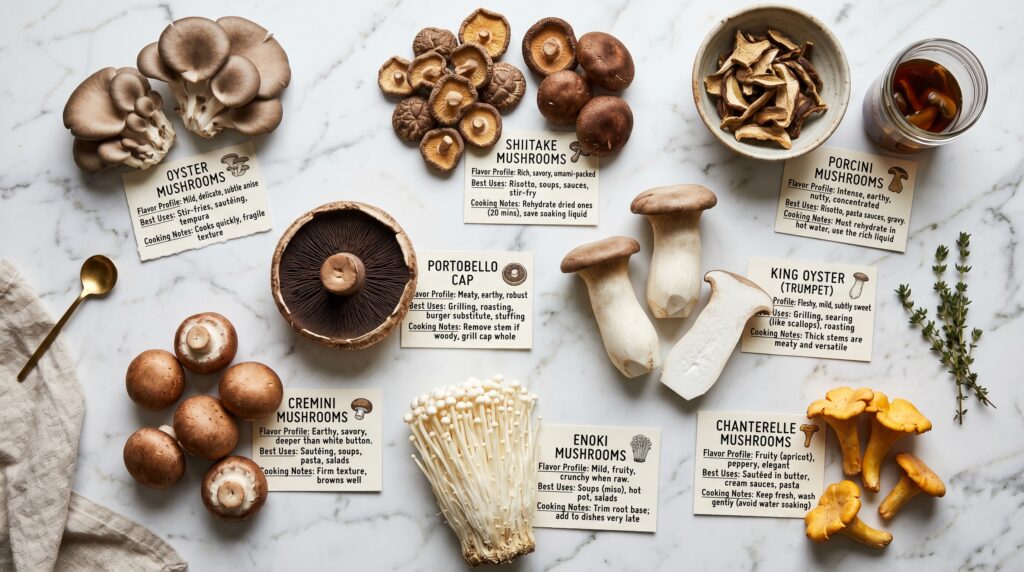 A beautiful educational flat-lay on a white marble surface showing eight of the most important culinary mushroom varieties