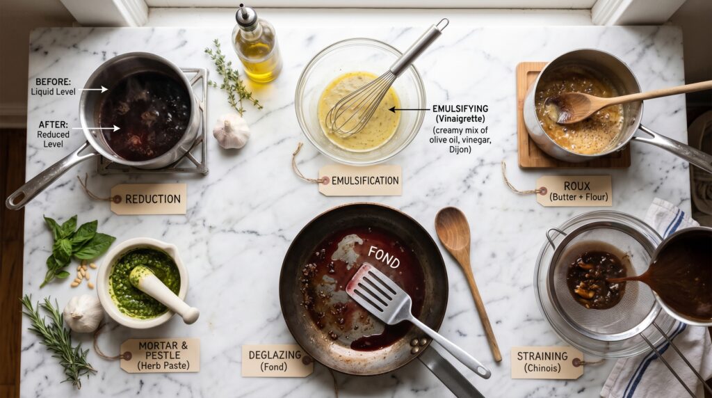 A clean, educational flat-lay on a white marble surface showing the fundamental sauce-making principles