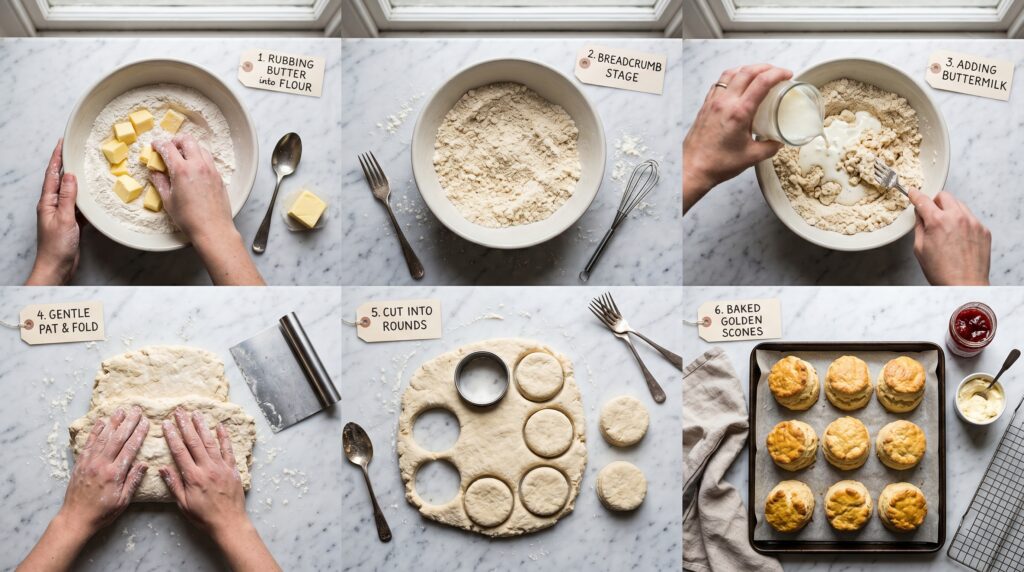 A step-by-step flat-lay showing the key stages of perfect scone making