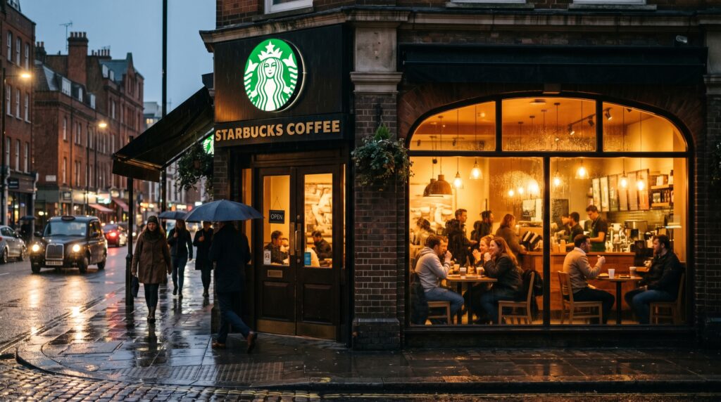 A warm, atmospheric photograph of a classic Starbucks store exterior
