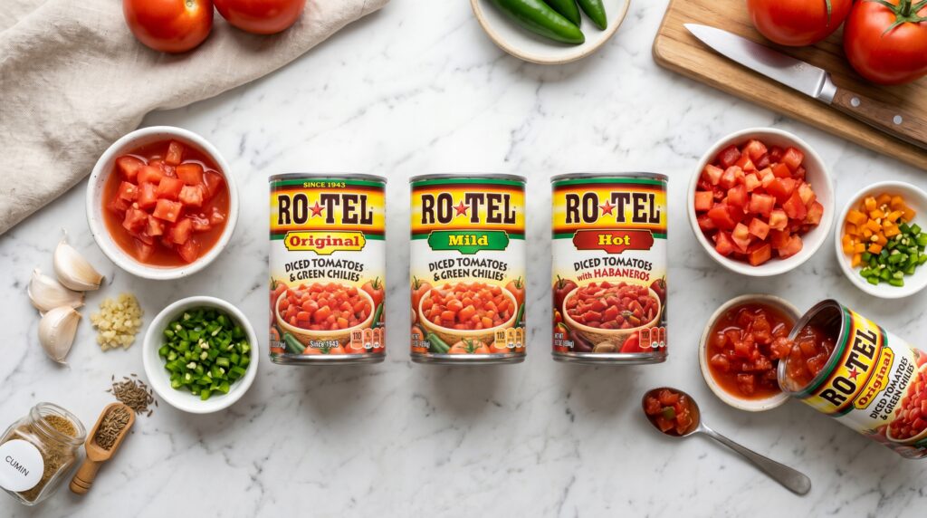 A clean, organized flat-lay on a white marble surface showing three different varieties of Rotel canned tomatoes