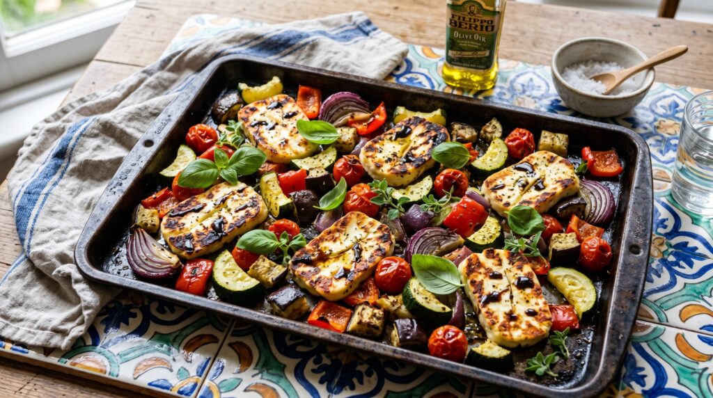 Halloumi and Roasted Vegetable Tray Bake