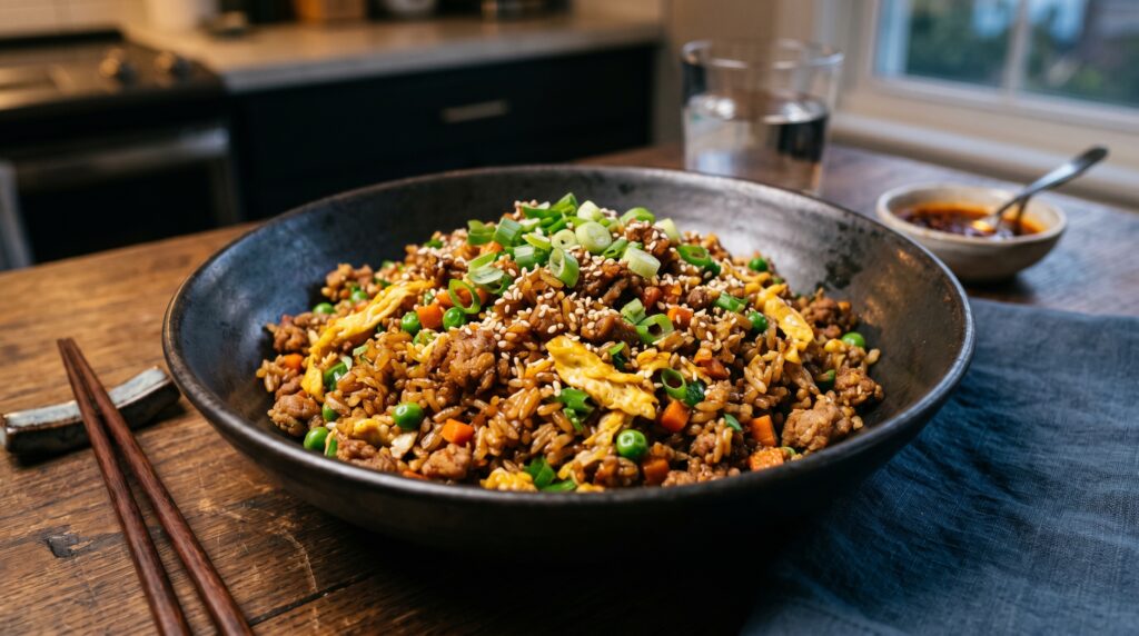 A vibrant, deeply flavored ground beef fried rice in a wide dark bowl