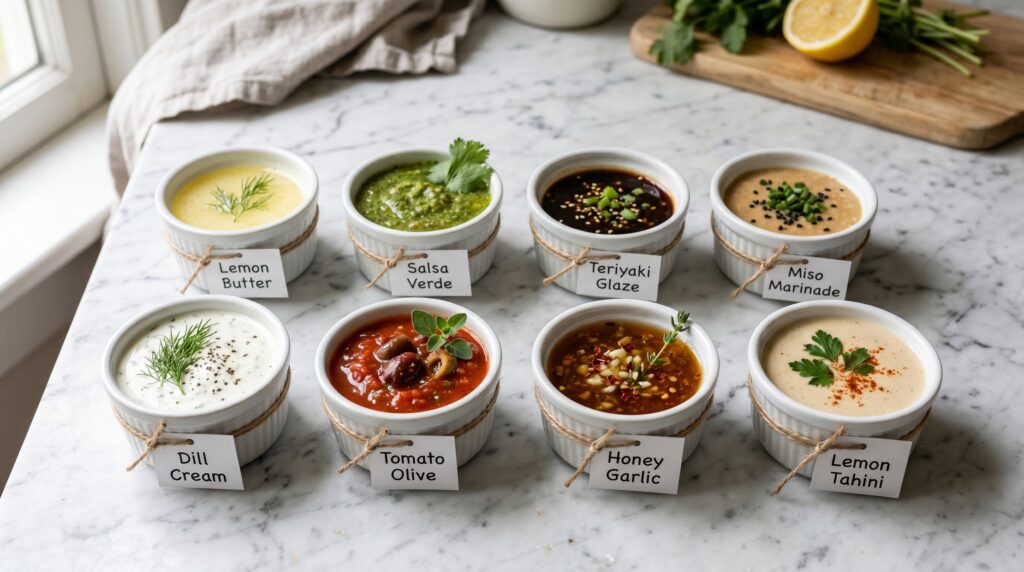 Eight small white ceramic ramekins arranged on a white marble surface, each containing a different salmon sauce